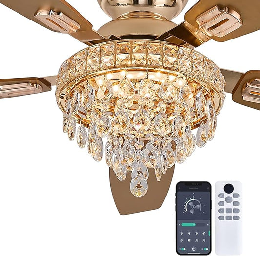 Crystal Ceiling Fan Fandelier with Lights-Ceiling Fans with Lights,54" Low Profile and Remote Control, Flush Mount, Reversible, Dimmable, Noiseless,Gold Ceiling Fan for Bedroom