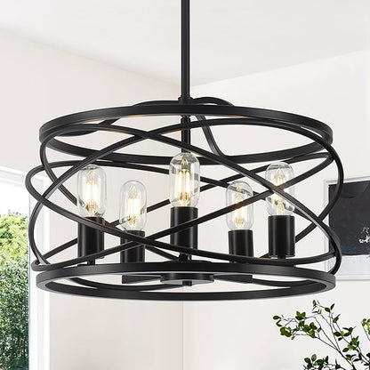 19.7'' Black Farmhouse Chandelier - 5-Light Industrial Drum Black Chandeliers for Dining Room Hanging Light Fixture for Entryway Kitchen Foyer Bedroom Living Room
