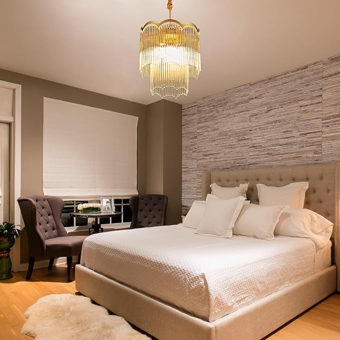 12.52" Gold Clear Glass Crystal Pendant Light 5-Light Modern Crystal Pendant Ceiling Light Fixture 2-Tier Luxury Glass Chandeliers,for Dining Room Kitchen Island Living Room Bedroom