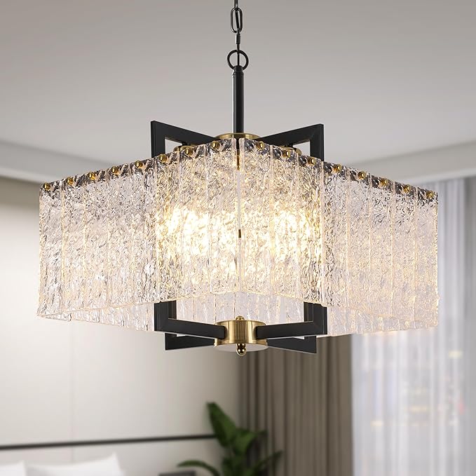 Modern Crystal Chandelier,16" Black Chandeliers for Dining Room, Adjustable Height,Water Ripple Glass,Hanging Pendant Light Fixture for Kitchen Island Entryway Foyer Hallway Living Room