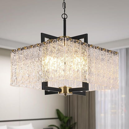 Modern Crystal Chandelier,16" Black Chandeliers for Dining Room, Adjustable Height,Water Ripple Glass,Hanging Pendant Light Fixture for Kitchen Island Entryway Foyer Hallway Living Room
