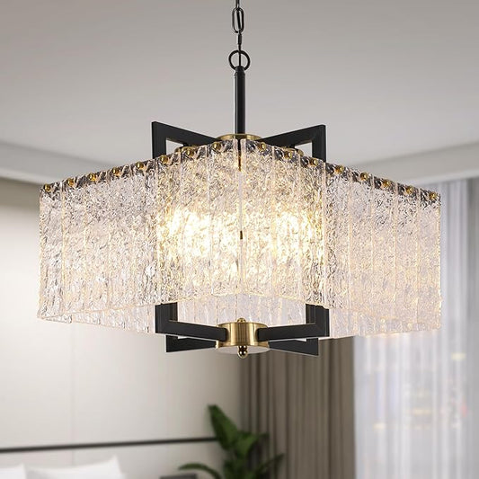 Modern Crystal Chandelier,16" Black Chandeliers for Dining Room, Adjustable Height,Water Ripple Glass,Hanging Pendant Light Fixture for Kitchen Island Entryway Foyer Hallway Living Room