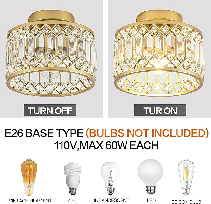 Rpzloila Crystal Ceiling Light, Modern Semi Flush Mount Ceiling Light, Gold Crystal Chandelier for Kitchen Bedroom Bathroom Entryway (Bulb not Included)