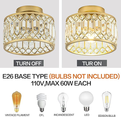 Rpzloila Crystal Ceiling Light, Modern Semi Flush Mount Ceiling Light, Gold Crystal Chandelier for Kitchen Bedroom Bathroom Entryway (Bulb not Included)