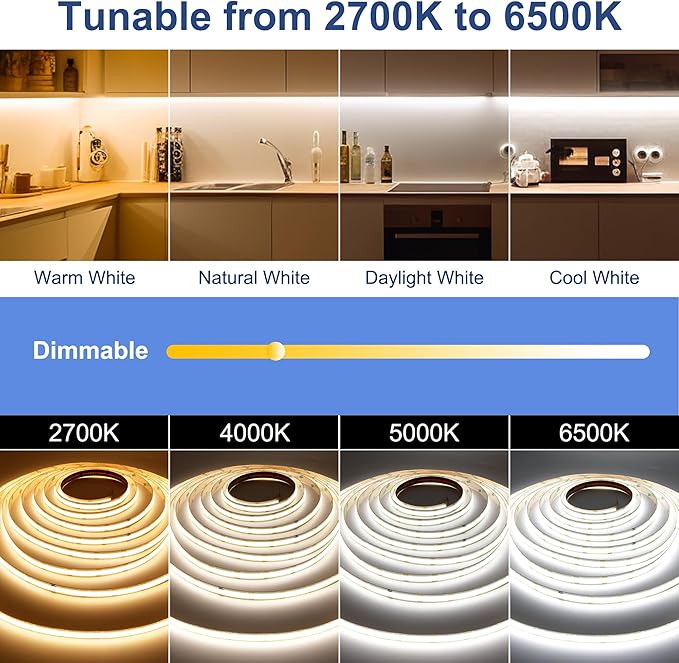 AXMOTUT CCT COB LED Strip Lights, 65.6ft Dimmable 2700K-6500K 24V Tunable White LED Light Strip Kit, High Density CRI 90+ LED Strips with Remote Controller and Power Supply.2 Rolls of 32.8ft