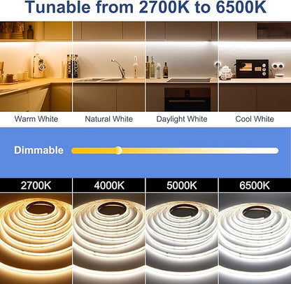 AXMOTUT CCT COB LED Strip Lights, 65.6ft Dimmable 2700K-6500K 24V Tunable White LED Light Strip Kit, High Density CRI 90+ LED Strips with Remote Controller and Power Supply.2 Rolls of 32.8ft