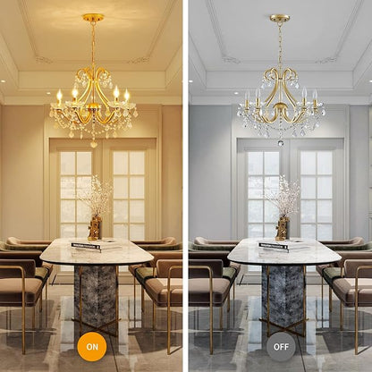 WUZUPS Crystal 5-Light Candle Chandelier Pendant Flushmount Ceiling Light Modern Lighting Fixture for Bedroom Hallway Bar Kitchen Bathroom, H 20.9" x W 21.7", Gold, E12 Base