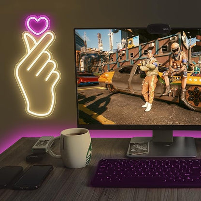 Lumoonosity Finger Heart Neon Sign - Pink & Warm White K-Drama Hand Heart Gesture Neon Signs - Premium K-Pop Hearts Led Noen Light for Bedroom, Game Room Decor