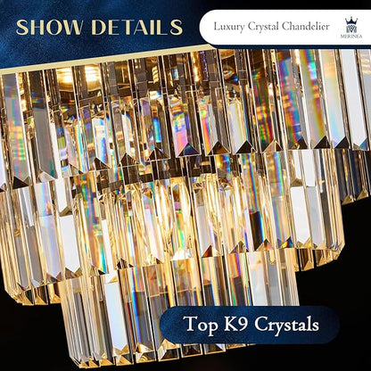 15 Lights Black Crystal Chandeliers 22" 4-Tier Luxury K9 Crystal Lighting Modern Round Ceiling Pendant Light Fixture for Living Room Dining Room Bedroom Kitchen Foyer