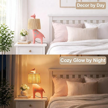 13.7 Inch LED Giraffe Table Lamp, Resin Animal Desk Lamp with Handcrafted Raffia Shade, Unique Decorative Light, Cute Desk Lamps for Nightstand, Bedroom, Playroom, Nursery, Pink