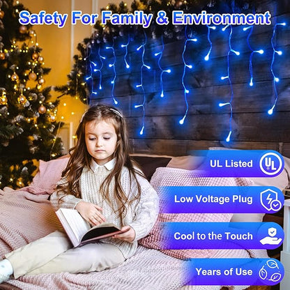 504LED 50ft Christmas Lights, 112Drops 12 Modes Blue Christmas String Lights Outdoor Dimmable, Waterproof Christmas Decoration Fairy Lights with Timer for Eaves Indoor Party Patio Window Fence Blue