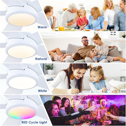Hounberi 40" RGB Ceiling Fan with Light and Remote, White Low Profile Flush Mount Smart Fan with App Control, Quiet Reversible DC Motor, Modern Dimmable 5-Blade for Bedroom Living Room