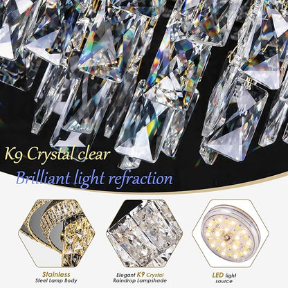 24 inch Crystal Flush Mount Black Chandelier, Modern Raindrop LED Ceiling Light, 3CCT Dimmable & Brightness Adjustable,Remote/APP ,Elegant Chandeliers for Bedroom Hallway Dinning Room Living Room