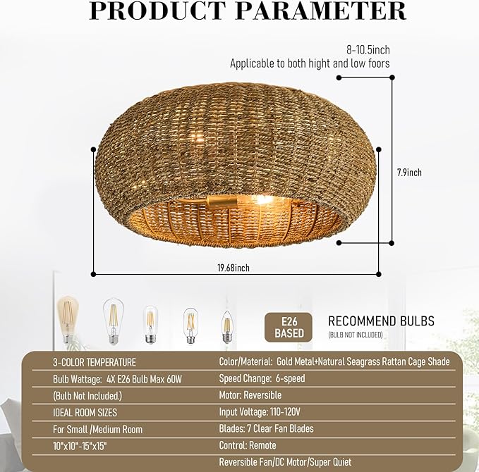 Rattan Ceiling Fan with Lights 19.7IN Boho Handwoven Caged Fandelier with Light Farmhouse Handwoven Ceiling Fan Chandelier Fixture for Dining/Living Room Bedroom Entry Kitchen Restaurant Office