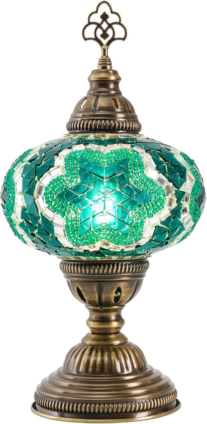 Turkish Mosaic Table Lamp with Bulb – Handmade Turquoise-Teal Stained Glass Light, Vintage Bohemian Bedroom & Living Room Decor, E12 Socket & US Plug