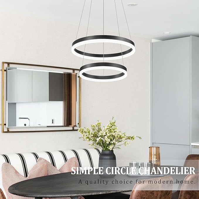Modern Black Led Chandelier 2 Rings Dimmable LED Chandeliers with Remote Control Light Fixture for Kitchen Island Height Adjustable Chandelier Led Pendant Light for Living Room Dining Room