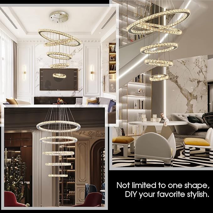 Modern Crystal Chandeliers for High Ceilings, 5 Rings Modern Led Chandelier Light Fixture 3 Colors Adjustable, Gold Chandelier for Foyer Dining Room Bedroom Living Room Staircase, D8"-12"-16"-20"-24"