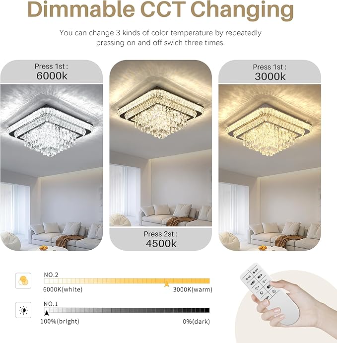 COCOSTAR Crystal Chandeliers, Modern Led Luxury Chandelier, 34" Suqare Flush Mount Chandelier Ceiling Light, Raindrop Chandeliers for Dining Room, Living Room, Bedroom