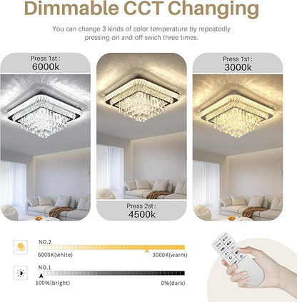 COCOSTAR Crystal Chandeliers, Modern Led Luxury Chandelier, 34" Suqare Flush Mount Chandelier Ceiling Light, Raindrop Chandeliers for Dining Room, Living Room, Bedroom