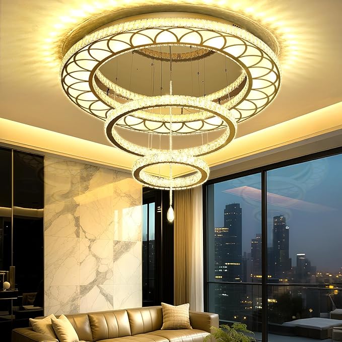 Flashing God Dia 48" Large Chandelier Crystal Gold Ceiling Light Fixtures LED Flush Mount Ceiling Light for Living Room Bedrooms Dining Room Dimmable 2700k 4500k 6000k