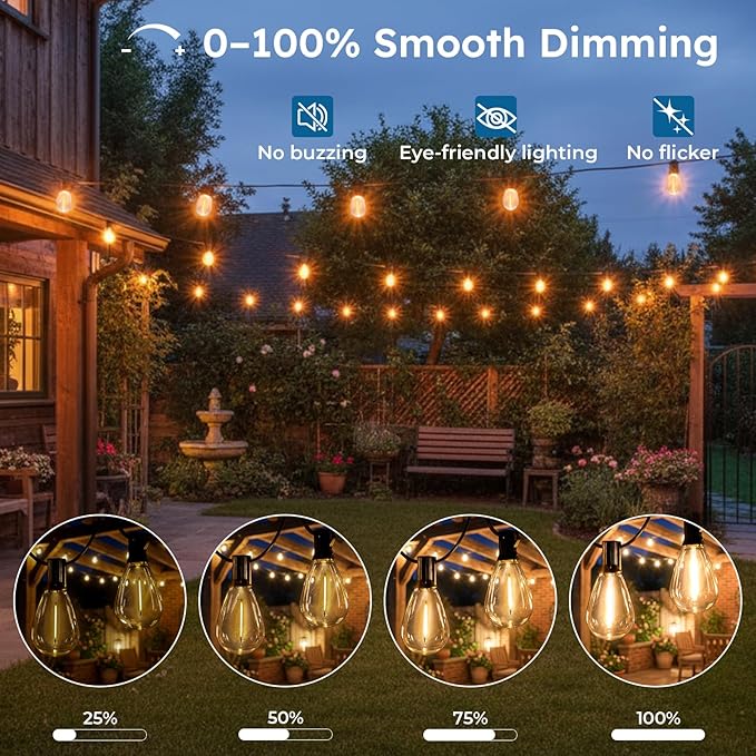 GvvooHome 50FT S11 LED Outdoor String Lights with App & Remote, Low-Voltage Patio Lights with Music Sync, 4 Lighting Modes, Dimmable, Waterproof LED Outdoor Lights for Porch, Deck, Garden, Backyard