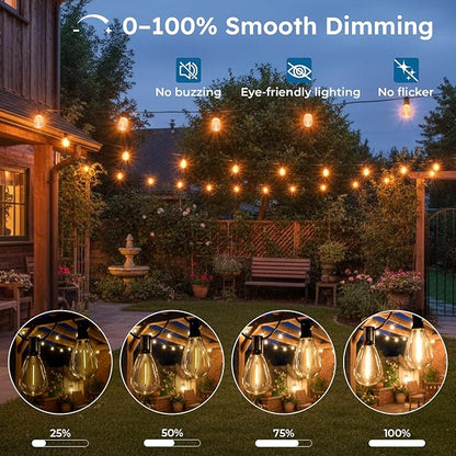 GvvooHome 50FT S11 LED Outdoor String Lights with App & Remote, Low-Voltage Patio Lights with Music Sync, 4 Lighting Modes, Dimmable, Waterproof LED Outdoor Lights for Porch, Deck, Garden, Backyard
