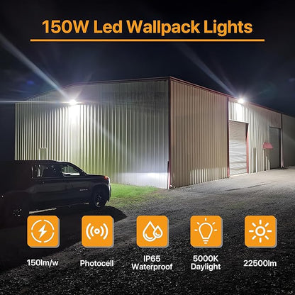 150W LED Wall Pack Light 2,2500LM with Dusk to Dawn Photocell Flood Security Light Outdoor IP65 Waterproof Wall Light 5000K Commercial Area Lighting for Garage, Warehouses AC100-277V