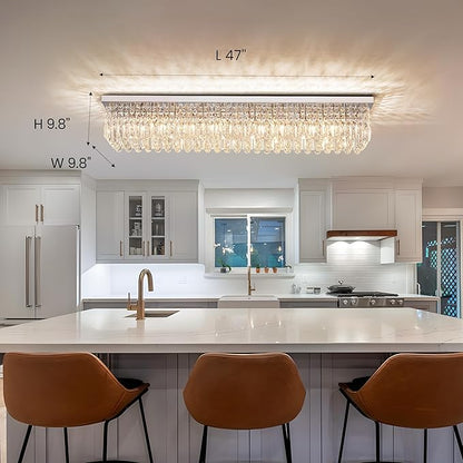 12-Lights Crystal Chandeliers Modern Crystal Rectangular Flush Mount Chandelier with Raindrop Crystals Pendant Light Fixture for Dining Dining Room Kitchen Dining Room Bedroom Bathroom Hotel