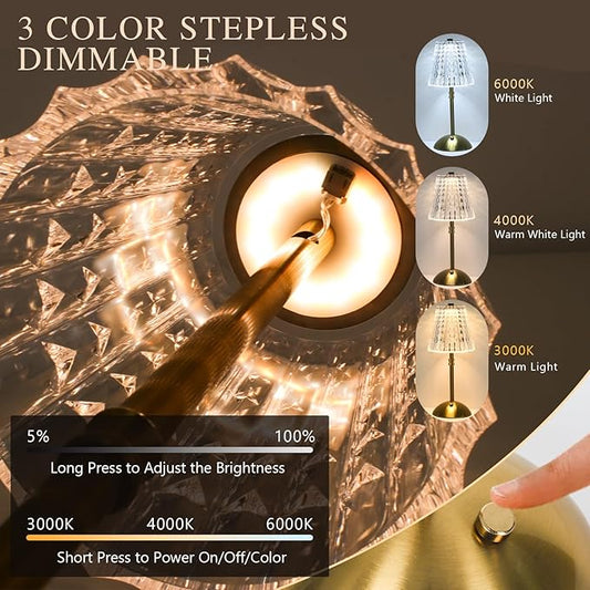 2 Pack Touch Cordless Table Lamp Rechargeable, 3600mAh Battery Operated Small Crystal Lamp, 3 Color Dimmable Vintage Gold Table Light for Bedroom/Kitchen/Gift for Home Décor (Vintage)