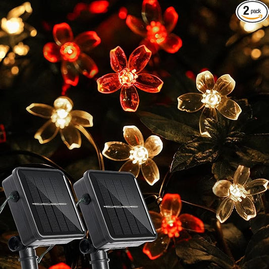 2 Pack Total 52FT 120 LED Solar String Lights Outdoor Waterproof Flower Fairy Lights for Garden Fence Patio Yard Christmas Tree Lawn Wedding Party Decor, Red and Warm White