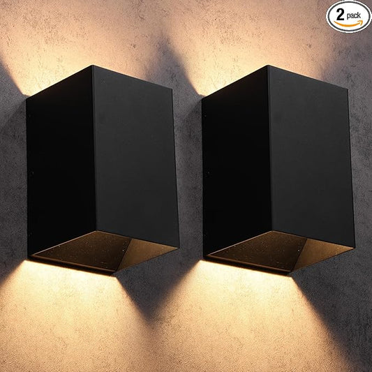 LEONLITE LED Square Up Down Wall Lights Outdoor, CRI90+, 120V, ETL Listed Modern Porch Light, Wet Location, 8.07 Inch Indoor Matte Black Wall Sconce, 10W 844LM 3000K Warm White, Pack of 2