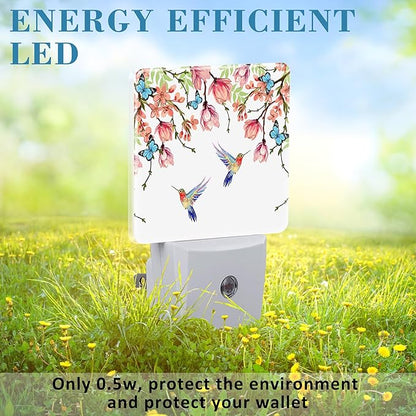 Hummingbirds and Blue Butterflies Night Light Plug into Wall with Dusk to Dawn Sensor Cute Nightlight for Kid Girls Boys Women Men Room Decor, Hallway, Kitchen, Bathroom, Nursery, Stairs