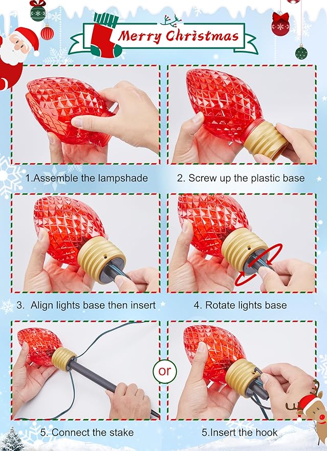 Strawberry Jumbo C9 Christmas Pathway Lights Outdoor - 8.5 FT 5 LED Large C9 Pathway Lights, Hanging Jumbo Christmas Light Outdoor Decorations for Lawn Holiday Yard, Red & Warm White
