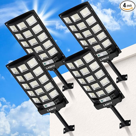 LANGY Solar Street Lights Outdoor 4 Pack, 30000LM 6500K Motion Sensor Dusk to Dawn, IP66 Waterproof LED Flood Security Lights with Remote Control for Parking Lot, Driveway, Garden, Yard
