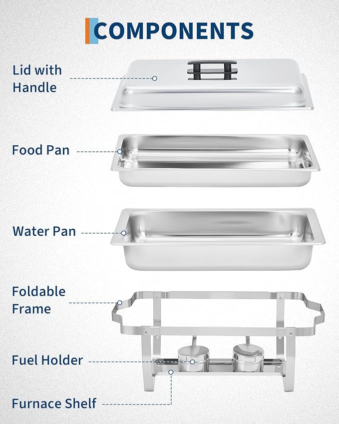 Garvee Chafing Dish Buffet Set 4 Pack, 8QT Buffet Servers and Warmers Set with Lid & Foldable Frame, Rectangular Stainless Steel Chafer Food Warmer for Parties Wedding Catering Supplies, Silver