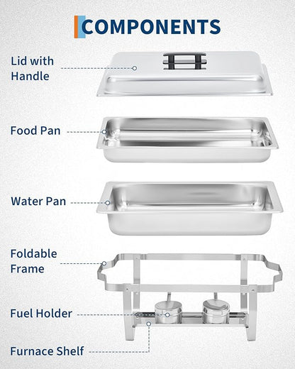 Garvee Chafing Dish Buffet Set 4 Pack, 8QT Buffet Servers and Warmers Set with Lid & Foldable Frame, Rectangular Stainless Steel Chafer Food Warmer for Parties Wedding Catering Supplies, Silver