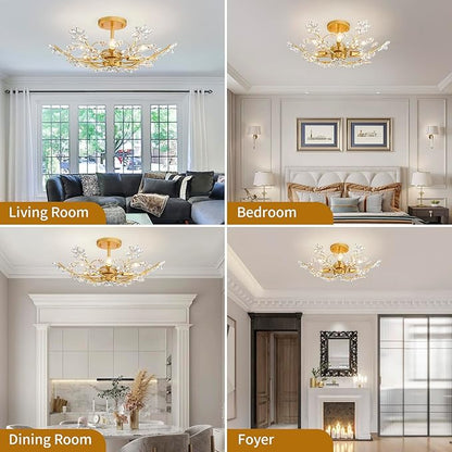 6-Light Large Modern K9 Crystal Chandeliers, Chic Flushmount Close to Ceiling Light Fixture for Bedroom, Dining Room, Kitchen, D23xH10inch, Clear Crystal & Gold Finish Frame