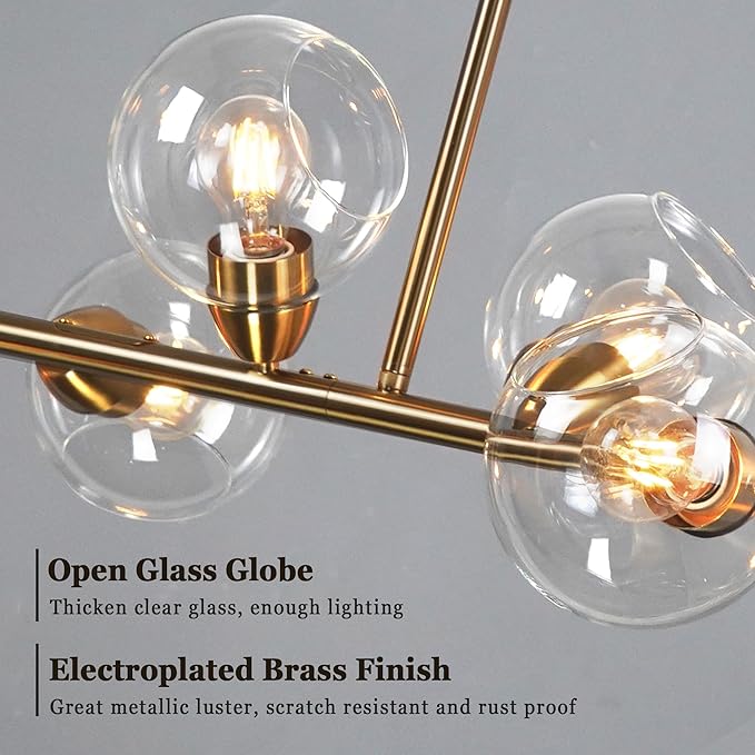 50" Gold Modern Sputnik Chandeliers, Open Clear Glass Globe Linear Chandeliers for Dining Room, 8-Light Luxury Dining Room Light Linear Kitchen Island Lights Large Long Chandelier, Electroplated Brass