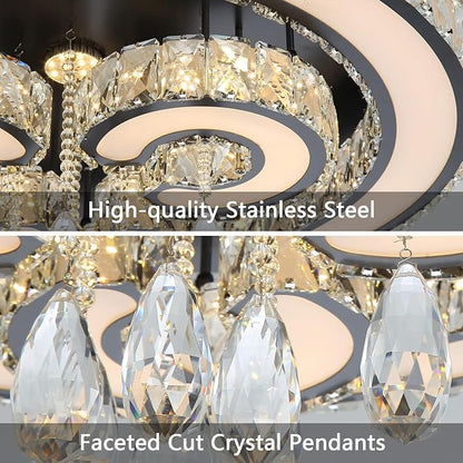 HAIXIANG 32 Inch Glam Chandelier Modern Crystal Luxury Interior Ceiling Light Fixture Remote Dimmable LED Lighting Fixtures for Dining Room Bedroom Living Room Black Light