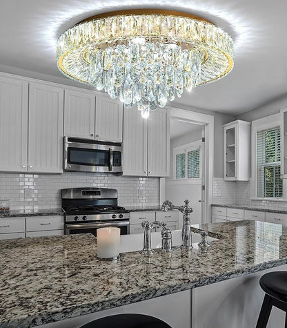 23.6" Modern Crystal Chandeliers LED Dimmable Flush Mount Ceiling Chandeliers for Living Room Entrance Foyer Bedroom Gold