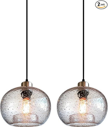 CASAMOTION Hand Blown Clear Glass Pendant Lights with Black Marble, Modern Rustic Kitchen Island Ceiling Hanging Light Fixtures for Dining Room Table Bedroom, Oval Globe 8.7 Inch Diameter, 2 Pack