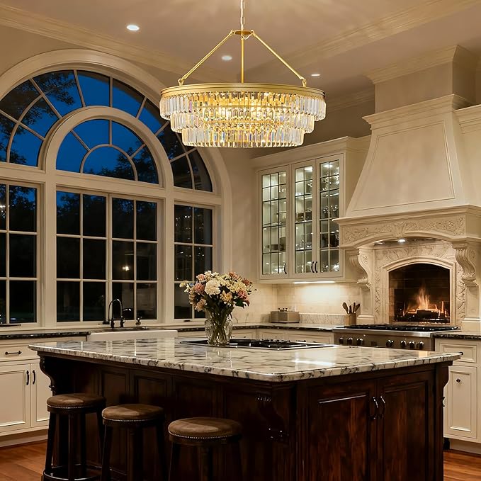 Gold Modern Round Crystal Chandelier: 28" K9 Crystal 6-Light Contemporary Chandeliers for Dining Room Light over Table - 3 Tiers Light for Bedroom Living Kitchen Entryway Foyer E12 Socket Exclude Bulb