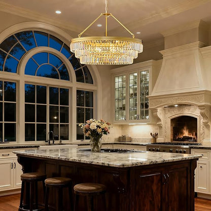 Gold Modern Round Crystal Chandelier: 28" K9 Crystal 6-Light Contemporary Chandeliers for Dining Room Light over Table - 3 Tiers Light for Bedroom Living Kitchen Entryway Foyer E12 Socket Exclude Bulb