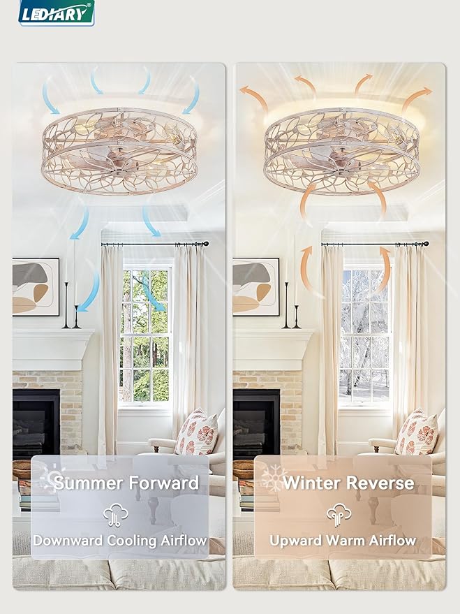 LEDIARY 23 Inch Caged Ceiling Fans with Lights, White Flush Mount Ceiling Fan with Remote&App, Large Low Profile Bladeless Ceiling Fan Light Fixture for Bedroom, Kitchen, Dining Room-White Gold Color