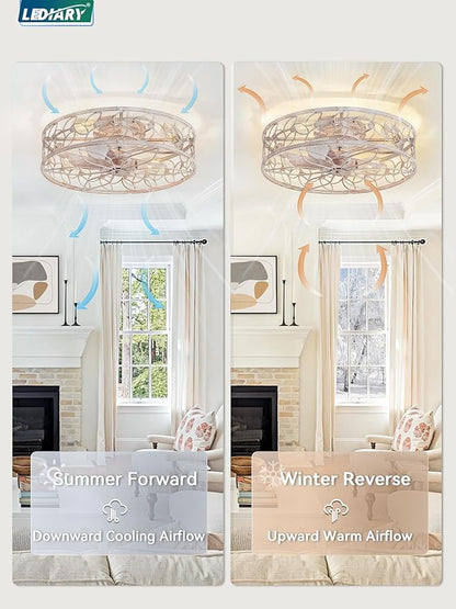 LEDIARY 23 Inch Caged Ceiling Fans with Lights, White Flush Mount Ceiling Fan with Remote&App, Large Low Profile Bladeless Ceiling Fan Light Fixture for Bedroom, Kitchen, Dining Room-White Gold Color