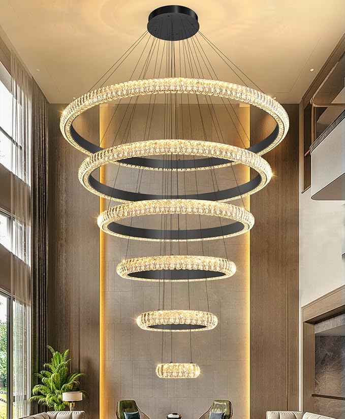 47" 6 Ring Crystal Chandelier Modern LED Dimmable Ring Pendant Light Chandelier for Dining Room Living Room Black