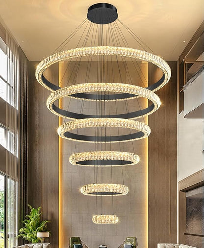 47" 6 Ring Crystal Chandelier Modern LED Dimmable Ring Pendant Light Chandelier for Dining Room Living Room Black