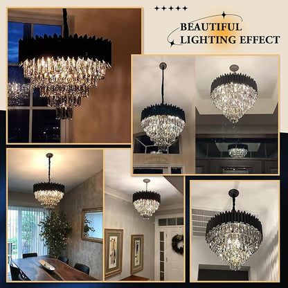 A AXILIXI Black Crystal Chandeliers,Contemporary 24'' Modern Ceiling Lights Fixtures Flush Mount Pendant Light 12 Lights 5-Tiers K9 Large Hanging Lamp for Entryway Dinning Room Living Room Bedroom