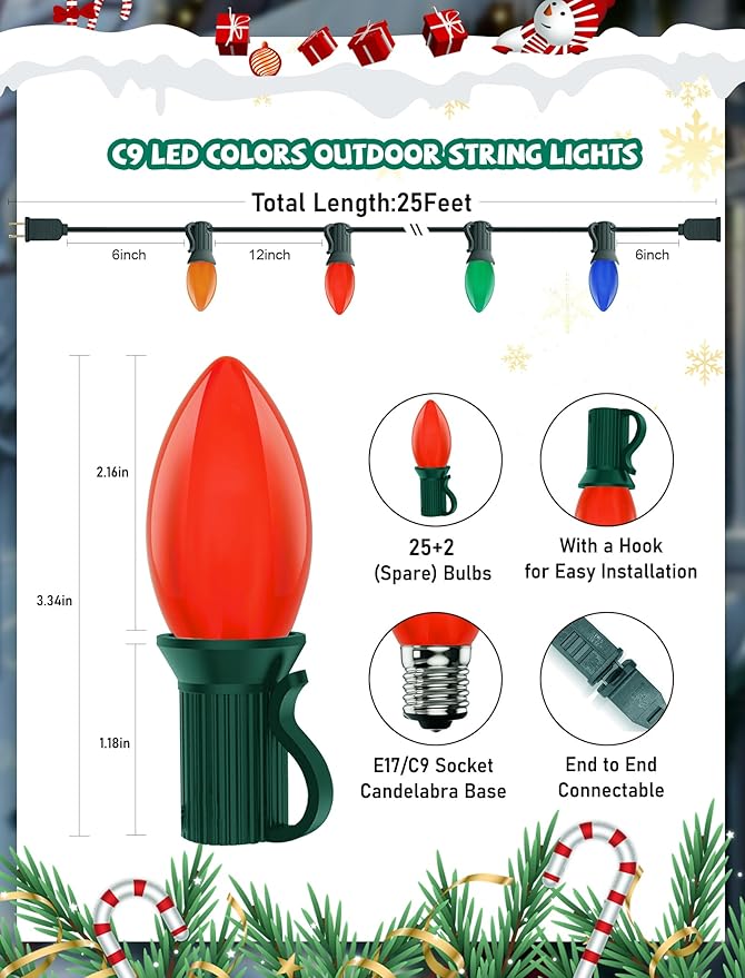 C9 Multicolor LED Christmas Light 25Ft Outdoor String Lights with 26 Plastic LED Bulbs(1 Spare), Connectable Vintage Christmas String Lights for Holiday Wedding Party Garden Home Decor, Green Wire