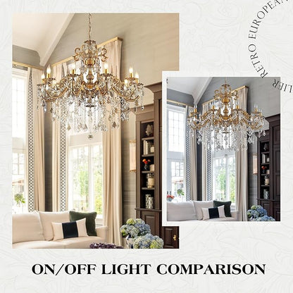 Gold Crystal Chandelier, 10-Light Antique Bronze Candle Pendant Ceiling Light Fixture with K9 Crystals for Dining and Living Room, Bedroom, Kitchen Island, Hallway, Dia 36"